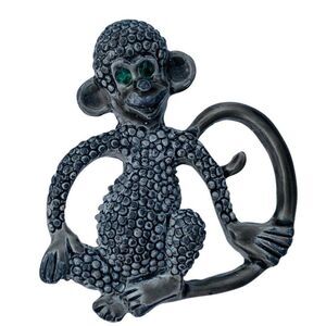 Vintage Gerrys Gray Monkey Green Glass Rhinestone Pewter Figural Brooch Pin